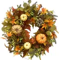 Close-up of autumn wreath with realistic pumpkins, maple leaves, and green berries - Autumn Harvest Style (WSJ0019) / 45cm