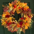 Artificial autumn wreath with maple leaves and berries on dark green front door - Medium Autumn Wreath / 45cm