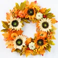 Autumn wreath with faux maple leaves, sunflowers, pumpkins, and berries on white background - 45cm / Sunflower Yellow
