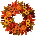 Rattan autumn wreath with maple leaves, sunflowers, pumpkins and red berries - Outer Diameter 50cm / As Shown
