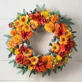 Autumn wreath for front door with orange pumpkins and colorful dahlia silk flowers - Diameter 45cm