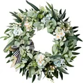 Artificial lamb's ear wreath with blue flowers and a black white striped ribbon bow - Light Green
