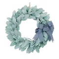 Artificial eucalyptus wreath with flocked leaves and black white gingham bow for door decor - Light Green