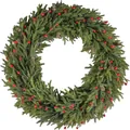 Close-up of 28-inch Christmas wreath with artificial pine needles, red berries and cones - Compact Size Style