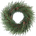 Detailed view of artificial Norfolk Pine Christmas wreath with red berries and pine cones - 40CM / Red Berry Wreath