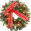Corona de Navidad con luces LED, bayas rojas, piñas doradas y un gran lazo de seda - 40CM / Guirnalda con Lazo Rojo