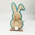 Easter bunny wooden ornament in teal blue and natural wood with bow and plush tail - Rabbit with Blue Border and Furry Tail (Style 7)