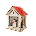 Hanging red and white wooden Christmas house lantern with snowman painting and warm light - Little Snowman