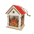 Lighted wooden Christmas house ornament with red roof and star cutout hanging - Bow