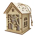 Wooden Christmas cabin ornament with snowman cutout and natural jute rope hanger - Snowman