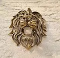 Golden lion head wall mounted art sculpture with roaring expression on a brick wall - Large / Bronze