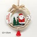 Suspension de Noël en bois avec Père Noël, sapin vert et une clochette en métal rouge - Style Cadre Rond Père Noël et Arbres