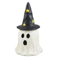 Close-up of Halloween ghost figurine with black witch hat and star details - Illuminated Ornaments / Ghost with Starry Black Hat