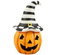 Detail of orange Halloween pumpkin lantern with black and white striped witch hat - Illuminated Ornaments / Pumpkin with Striped Hat