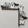 L-shaped wooden Halloween door corner decor featuring ghosts, bats, and cobwebs - Ghost Spiderweb Style