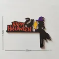 Halloween witch and cat wooden door corner decor with Happy Halloween text, 25cm size - Witch and Cat Style