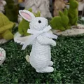 European style white resin bunny rabbit statue with woven texture and white silk bow - White Standing Style