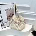 Bohemian crochet tote bag in cream with purple wavy lace trim and knit shoulder straps - With Pendant / Purple