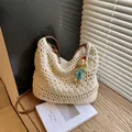 Large beige woven cotton tote bag with brown leather straps and cute doll pendant - Medium / Without Pendant / Beige