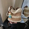 Handcrafted crochet tote bag with khaki floral patterns, leather strap and charm pendant - Small / Without Pendant / Beige & Khaki