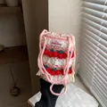 Handgemaakte gehaakte emmertas in roze en wit met 3D kersen en Sweet Cherry label - Roze