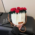 Handmade crochet rose bucket bag in cream white yarn with brown leather shoulder strap - Red Rose Style