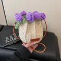Handmade crochet rose bucket bag in beige with purple flowers and leather handle - Purple Rose Style