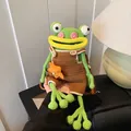 Handmade green crochet frog crossbody bag with star decor and brown leather strap - Brown