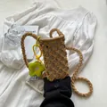 Handgefertigte Häkel-Handytasche in Khaki mit gelbem Sonnenblumen-Anhänger - Handgewebter Ajouré-Stil mit Blumenanhänger / Khaki