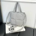 Chic light grey quilted down cotton tote bag with puffy shoulder strap and handles - Gray