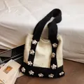 Black and beige knitted tote bag with gray-pink crochet flowers and single strap - White & Black