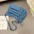 Borsa a tracolla in denim vintage celeste con tre cerniere anteriori e tracolla regolabile - Azzurro