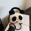 Handmade crochet panda shoulder bag with black 3D ears and woven straps for kids - Panda Head Style (Horizontal)