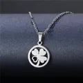 Polished stainless steel four leaf clover necklace with a hollow pendant on dark base - Four-Leaf Clover Round Frame Style (XL40)