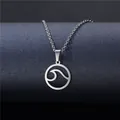 Minimalist silver wave pendant necklace with stainless steel chain for beach wear - Ocean Wave Circle Style (XL39)