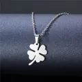 Polished stainless steel four-leaf clover pendant necklace with shiny silver link chain - Flat Four-Leaf Clover Polished Style (XL54)