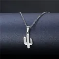 Minimalist silver stainless steel cactus pendant necklace on a modern grey display - Cactus Line Drawing Style (XL38)