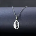 Polished titanium steel necklace with a shell-shaped pendant on a minimalist display - Oval Shell Texture Style (XL49)