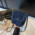 Retro dark blue denim crossbody messenger bag with white stitching and silver snap button - Dark Blue