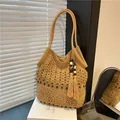 Khaki Handgewebte Baumwoll-Schultertasche mit Lochmuster-Häkelarbeit und Quasten - Khaki Groß
