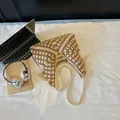 Handmade crochet cotton tote bag featuring beige checkerboard pattern and fringe tassels - Khaki