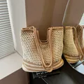 Handmade crochet tote bag featuring beige and light brown hollow mesh woven design - Large / Khaki