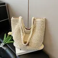 Chic cream hollow crochet woven shoulder bag with leather tag for beach vacations - Large / Off White