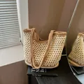 Handmade woven tote bag with beige crochet body and brown contrast handles and lining - S / Khaki