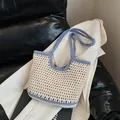 Handmade crochet woven tote bag in cream and light blue for summer beach vacations - S / Blue