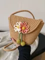 Bolso cubo de paja tejida con flores y correa fina para vacaciones de verano en la playa - Caqui con Flores Dobles