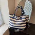 Bolso capazo grande de paja con rayas azules y blancas para playa y uso diario casual - Azul