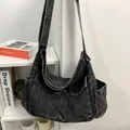 Borsa a tracolla in denim nero lavato retrò con tasche utilitarie multiple - Nero