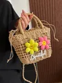 Schattige rieten tas met gele en roze lachende bloemapplicaties en schouderband - Smiley Khaki