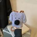 Bolso de hombro de perro de peluche azul claro con correa de cuero marrón y piel sintética - Gris Azulado